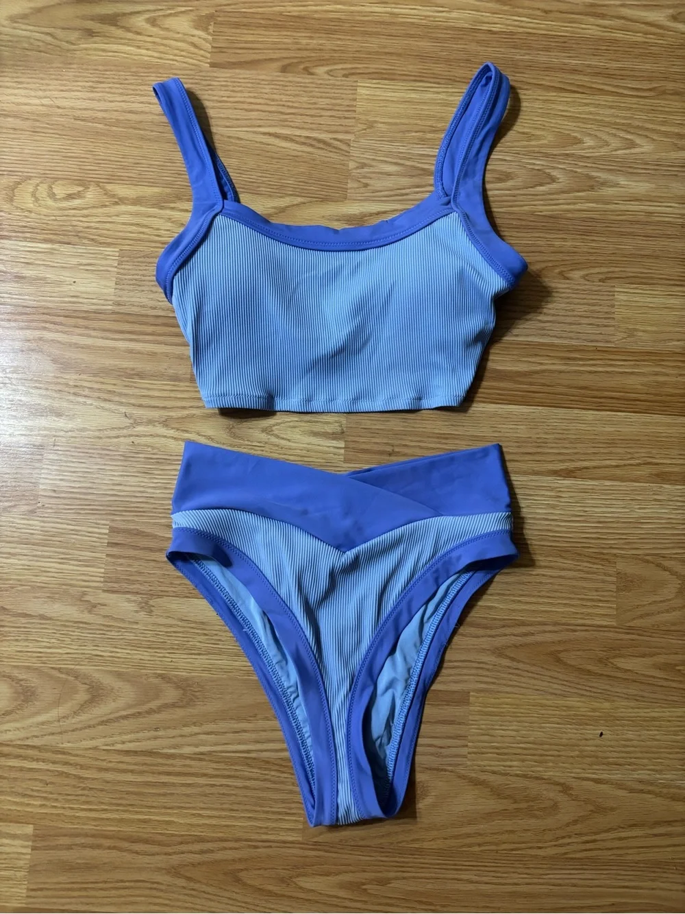aerie Two-Piece Ribbed Bikini in Light Blue and Periwinkle-Small